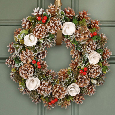 Dibor Traditional White Berries And Roses Front Door Autumn Wreath Winter Spring Wreath 35Cm - image 1