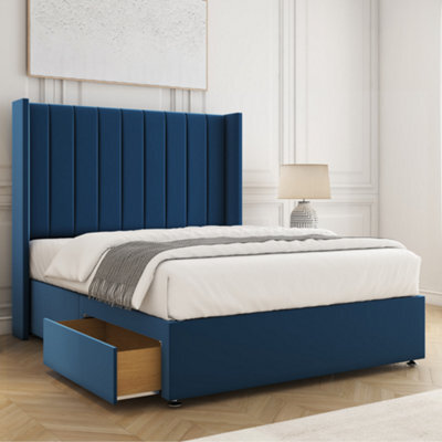 Bsspoke Hannah Divan Bed Set Blue Plush Velvet 54Inch Wingedback Headboard & 2 Drawers Footend No Mattress In 4Ft 4Ft6 5Ft 6Ft - image 1