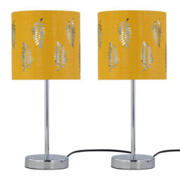 First Choice Lighting Set Of 2 Chrome Stick Table Lamps With Ochre Fern Cut Out Shades