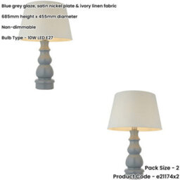 Loops 2 Pack Blue Grey Glaze & Satin Nickel Plate Table Lamp - Ivory Linen Fabric Shade - 685mm Tall Light - 10W Led E27 - thumbnail 2