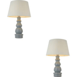Loops 2 Pack Blue Grey Glaze & Satin Nickel Plate Table Lamp - Ivory Linen Fabric Shade - 685mm Tall Light - 10W Led E27