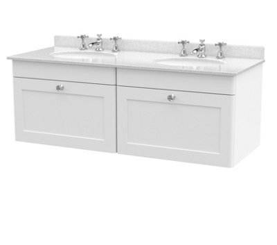 Balterley Swynnerton Traditional 2 Drawer Wall Hung Vanity Unit With Double Marble Basin, Satin White, 1200mm - image 1