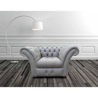 Chesterfield Club Chair Buttoned Seat Shelly Silver Grey Real Leather In Balmoral Style - image 1