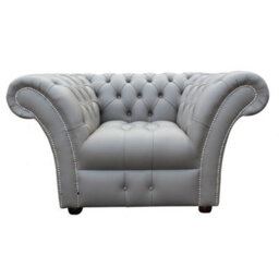 Chesterfield Club Chair Buttoned Seat Shelly Silver Grey Real Leather In Balmoral Style - thumbnail 2