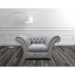 Chesterfield Club Chair Buttoned Seat Shelly Silver Grey Real Leather In Balmoral Style - thumbnail 1