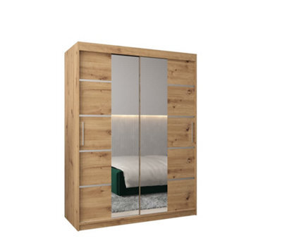 Arte Verona 04 Contemporary 2 Mirrored Sliding Door Wardrobe 5 Shelves 2 Rails Oak Artisan Effect (H)2000mm (W)1500mm (D)620mm - image 1