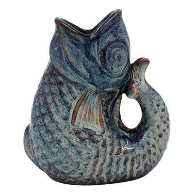 Ceramic Fish Gurgle Jug Vase Aqua 17Cm Decorative Home Ornament Coastal Gift - image 1