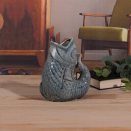 Ceramic Fish Gurgle Jug Vase Aqua 17Cm Decorative Home Ornament Coastal Gift - thumbnail 2