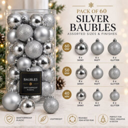 Decoris 60 Silver Baubles Shatterproof Christmas Tree Hanging Decor - thumbnail 4