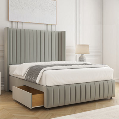 Bsspoke Luna Divan Bed Set Silver Plush Velvet 54Inch Headboard & Footboard 2 Drawers Footend & Mattress In All Sizes - image 1
