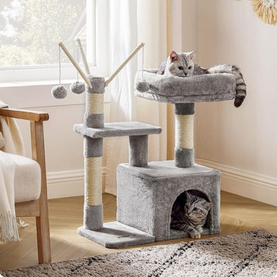 Songmics Compact Cat Condo, Small Feline Tower With Pompom Toys, Pet Activity Center, Light Grey - image 1