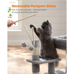 Songmics Compact Cat Condo, Small Feline Tower With Pompom Toys, Pet Activity Center, Light Grey - thumbnail 5