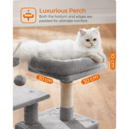 Songmics Compact Cat Condo, Small Feline Tower With Pompom Toys, Pet Activity Center, Light Grey - thumbnail 4