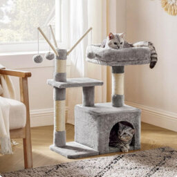 Songmics Compact Cat Condo, Small Feline Tower With Pompom Toys, Pet Activity Center, Light Grey - thumbnail 1