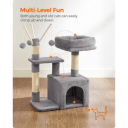 Songmics Compact Cat Condo, Small Feline Tower With Pompom Toys, Pet Activity Center, Light Grey - thumbnail 3