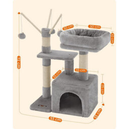 Songmics Compact Cat Condo, Small Feline Tower With Pompom Toys, Pet Activity Center, Light Grey - thumbnail 2