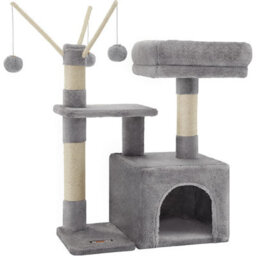 Songmics Compact Cat Condo, Small Feline Tower With Pompom Toys, Pet Activity Center, Light Grey - thumbnail 8