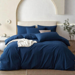 Oxford Homeware Washed Blue Super King Plain Dyed Duvet Cover, Fitted Sheet & Pillowcases Set 4 Piece Bed Sets - thumbnail 1
