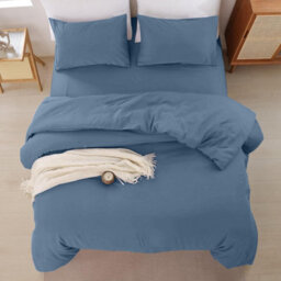 Oxford Homeware Washed Blue Super King Plain Dyed Duvet Cover, Fitted Sheet & Pillowcases Set 4 Piece Bed Sets - thumbnail 6