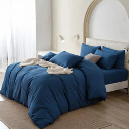 Oxford Homeware Washed Blue Super King Plain Dyed Duvet Cover, Fitted Sheet & Pillowcases Set 4 Piece Bed Sets - thumbnail 2