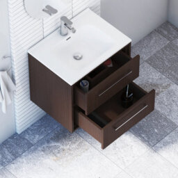 Royal Bathrooms Livora 600mm Walnut Woodgrain Wall Hung Bathroom Vanity Unit 2 Drawer Storage Cabinet With Ceramic Basin - thumbnail 4