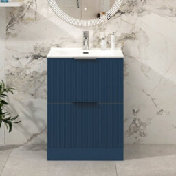Royal Bathrooms Evora 600mm Midnight Blue Fluted Floor Standing Bathroom Vanity Unit 2 Drawer Cabinet With Ceramic Basin Sink - 1 Tap Hole