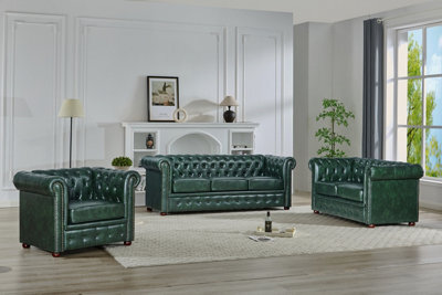 UK Leisure World Chesterfield Antique Green Faux Leather Sofa Set Suites Settee 3 2 1 Seater - image 1