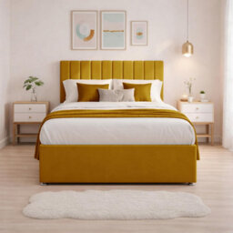 "4Ft Luxury Yellow Plush Divan Small Double Bed Frame With Mattress, 20"" Vertical Line Headboard, Bed With 2 Storage Drawers" - thumbnail 2