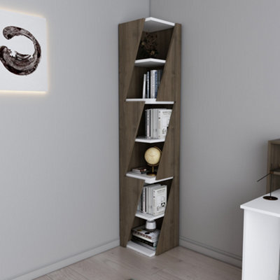Decorotika Arrow 6-Tier Corner Bookcase, Bookshelf, Shelving Unit Walnut & White - image 1