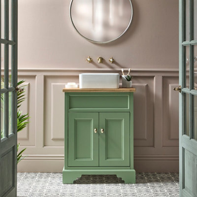 Homestylestore Pastel Green And Oak 645mm Bathroom Vanity Unit With Square Countertop Basin And Brushed Brass Square Handles - image 1