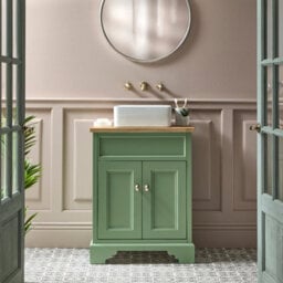 Homestylestore Pastel Green And Oak 645mm Bathroom Vanity Unit With Square Countertop Basin And Brushed Brass Square Handles - thumbnail 1