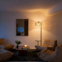 Luminexdesigns Adjustable Floor Lamp With Shelf - 152-176Cm Black Rattan Pole Light  (No Bulb)