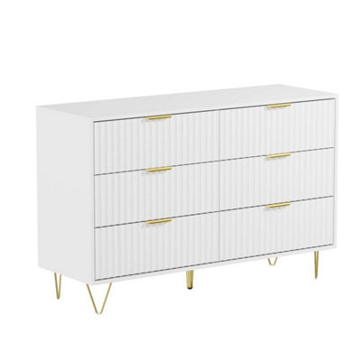 White Fluted 6 Drawer Chest Of Drawers Gold Legs 120Cm Bedroom Dresser - image 1