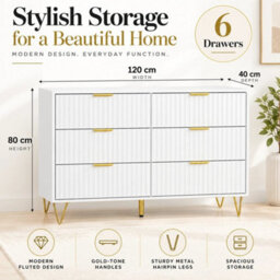 White Fluted 6 Drawer Chest Of Drawers Gold Legs 120Cm Bedroom Dresser - thumbnail 2