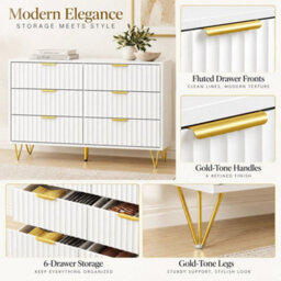 White Fluted 6 Drawer Chest Of Drawers Gold Legs 120Cm Bedroom Dresser - thumbnail 3