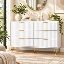 White Fluted 6 Drawer Chest Of Drawers Gold Legs 120Cm Bedroom Dresser - thumbnail 4