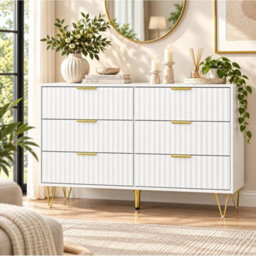 White Fluted 6 Drawer Chest Of Drawers Gold Legs 120Cm Bedroom Dresser - thumbnail 5