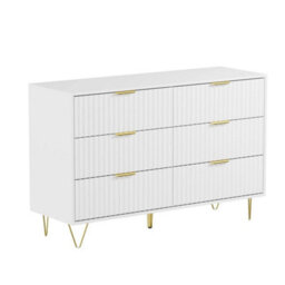 White Fluted 6 Drawer Chest Of Drawers Gold Legs 120Cm Bedroom Dresser - thumbnail 1