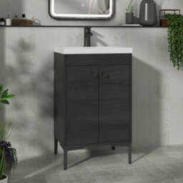 Royal Bathrooms Verona 500mm Black Woodgrain Floor Standing Bathroom Vanity Unit 2 Door With Mid-Edge Basin & Matt Black Knob - thumbnail 1
