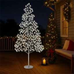 Xmas Haus 210Cm Outdoor Led Christmas Tree With Silver Balls Festive Light 1200 Warm White Leds, Copper Wire, Resin Base, 5M Cabl