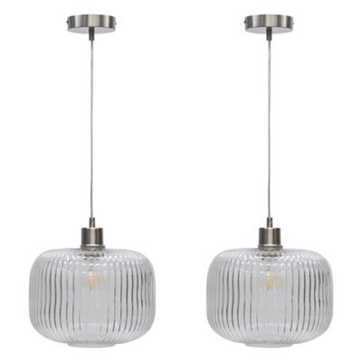 First Choice Lighting Set Of 2 Clear Ribbed Glass With Satin Nickel Kitchen Pendant Lights - image 1