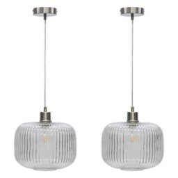 First Choice Lighting Set Of 2 Clear Ribbed Glass With Satin Nickel Kitchen Pendant Lights - thumbnail 1