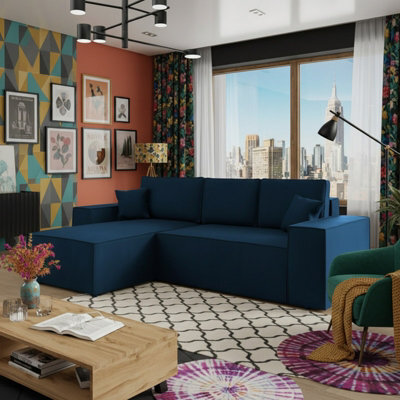 Malaga L Shaped Mdf Corner Sofa Bed Has Storage Dl Pull Out Seat Loose Back Cushions 279X94X181 Blue Left - image 1