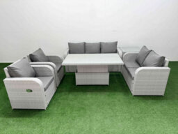 Fimous Pe Rattan Garden Furniture Set Reclining Chair Sofa Set Adjustable Lifting Dining Or Coffee Table Side Table Light Grey - thumbnail 1