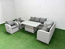 Fimous Pe Rattan Garden Furniture Set Reclining Chair Sofa Set Adjustable Lifting Dining Or Coffee Table Side Table Light Grey - thumbnail 2