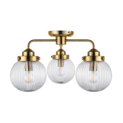 Cosylyte Finley Bathroom 3-Light Ribbed Glass Ceiling Light - Brass 26Cm - image 1