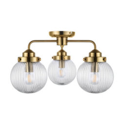 Cosylyte Finley Bathroom 3-Light Ribbed Glass Ceiling Light - Brass 26Cm
