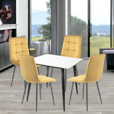 Urbn-Living Urbnliving 5Pcs Gloss White Modern Ceramic Top Dining Table & Yellow Velvet Chairs With Metal Legs - image 1