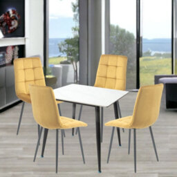 Urbn-Living Urbnliving 5Pcs Gloss White Modern Ceramic Top Dining Table & Yellow Velvet Chairs With Metal Legs - thumbnail 1