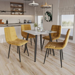 Urbn-Living Urbnliving 5Pcs Gloss White Modern Ceramic Top Dining Table & Yellow Velvet Chairs With Metal Legs - thumbnail 4